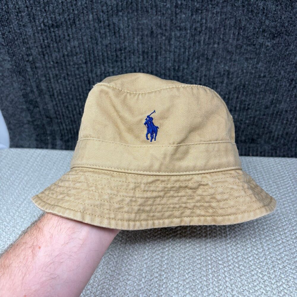 NEW Polo Ralph Lauren Cotton Chino Bucket Hat Cafe Tan Navy Pony Size S/M